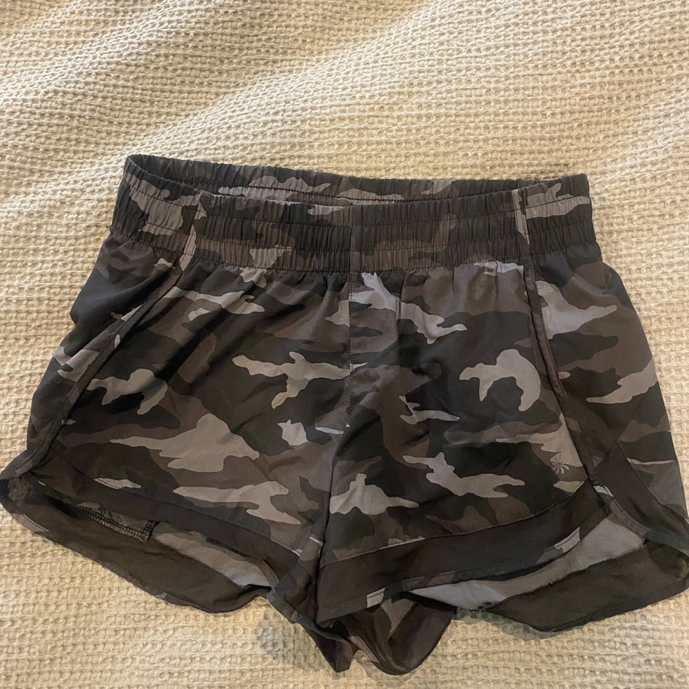 Athleta Black and Gray Camo Athletic Shorts with Elastic Waistband